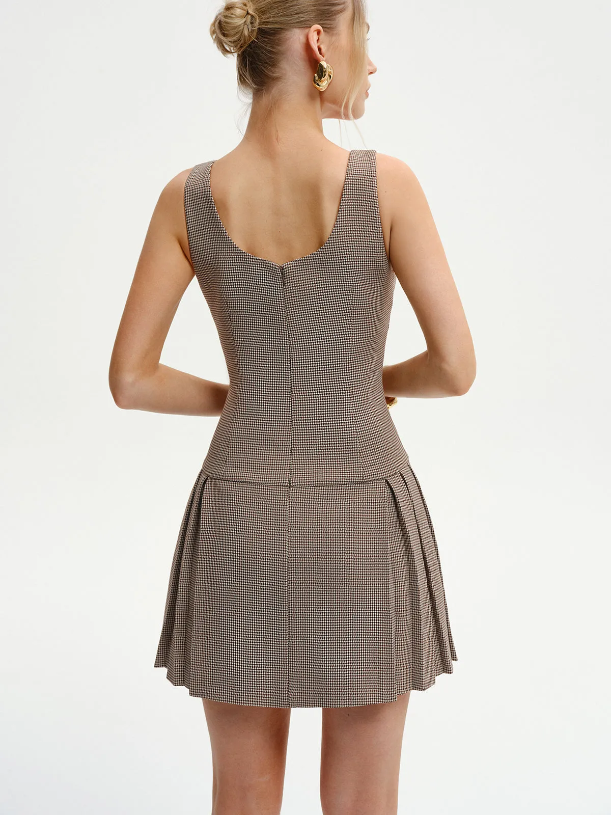 Houndstooth Square-Neck Pleated Mini Dress sold by COMMENSE product image thumbnail 4