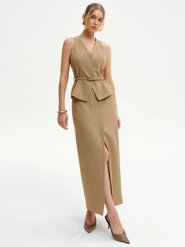 Belted Pinstripe Sleeveless Vest sold by COMMENSE