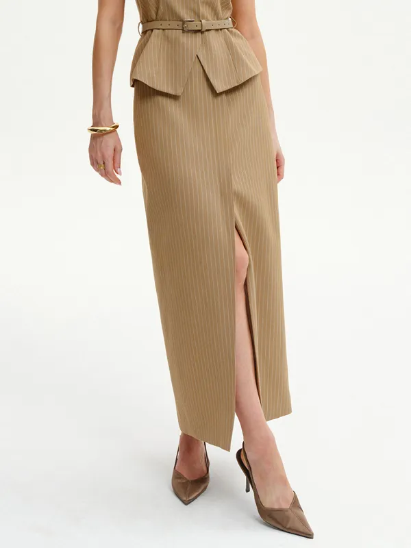 Pinstripe Slit Midi Skirt sold by COMMENSE