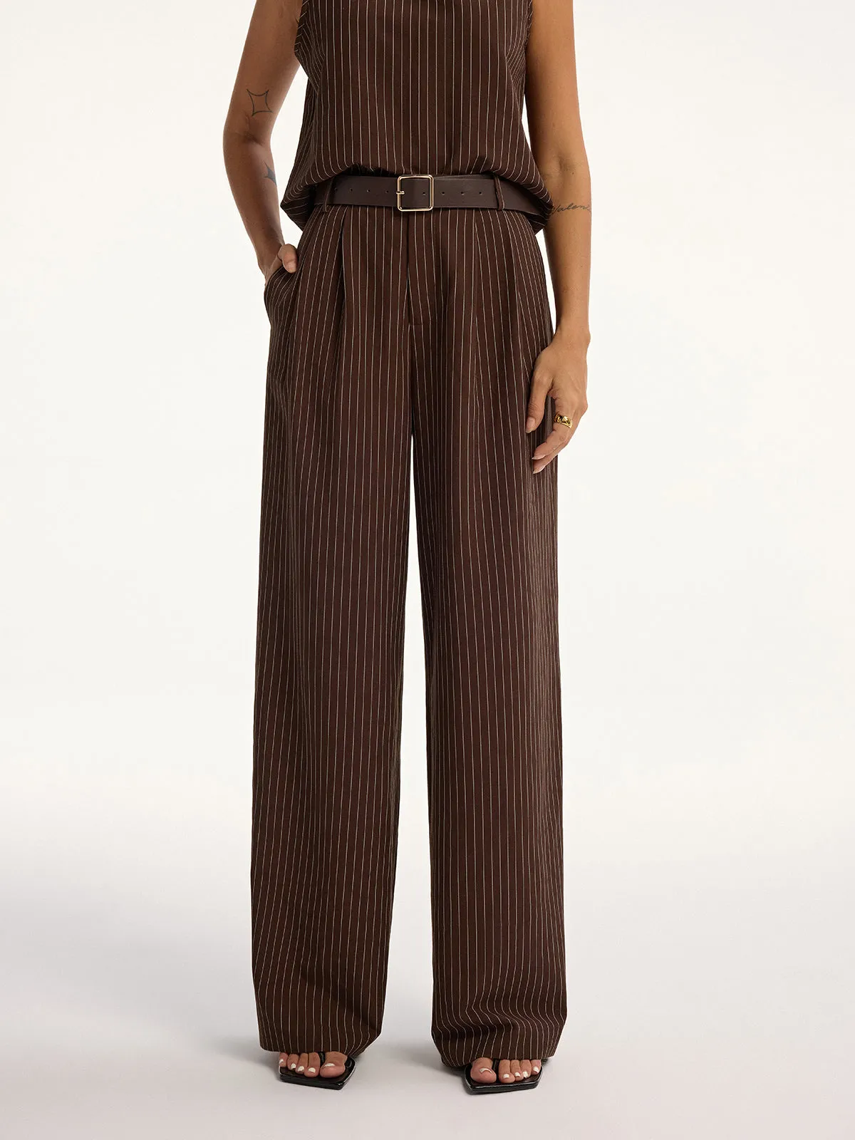 Pinstripe Sleeveless Top and Pants Set with Belt sold by COMMENSE product image thumbnail 5