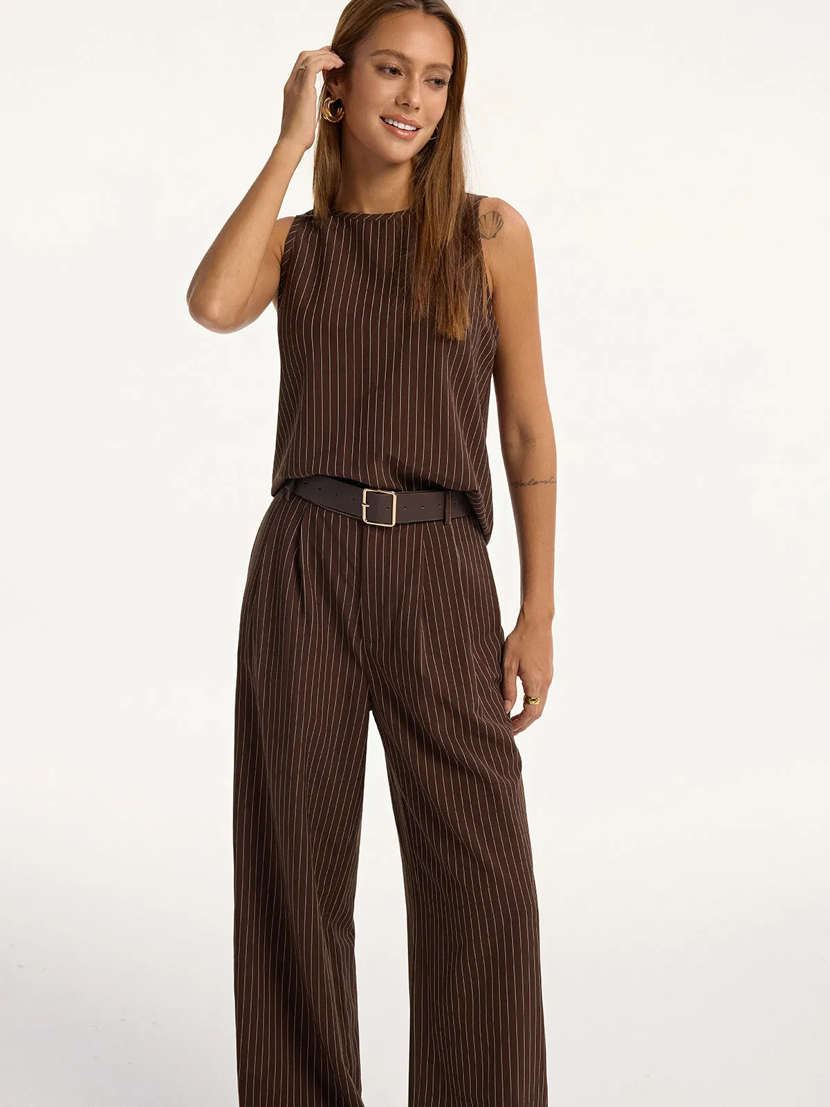 Pinstripe Sleeveless Top and Pants Set with Belt sold by COMMENSE product image thumbnail 2