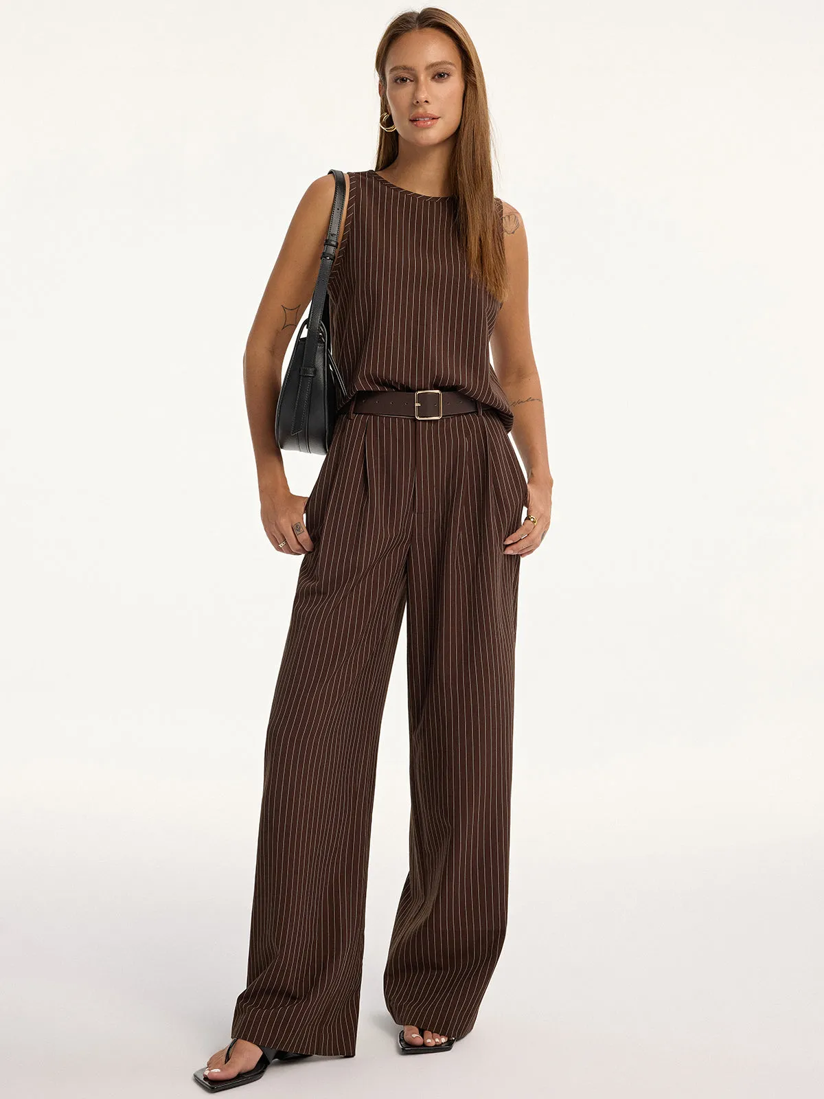 Pinstripe Sleeveless Top and Pants Set with Belt sold by COMMENSE