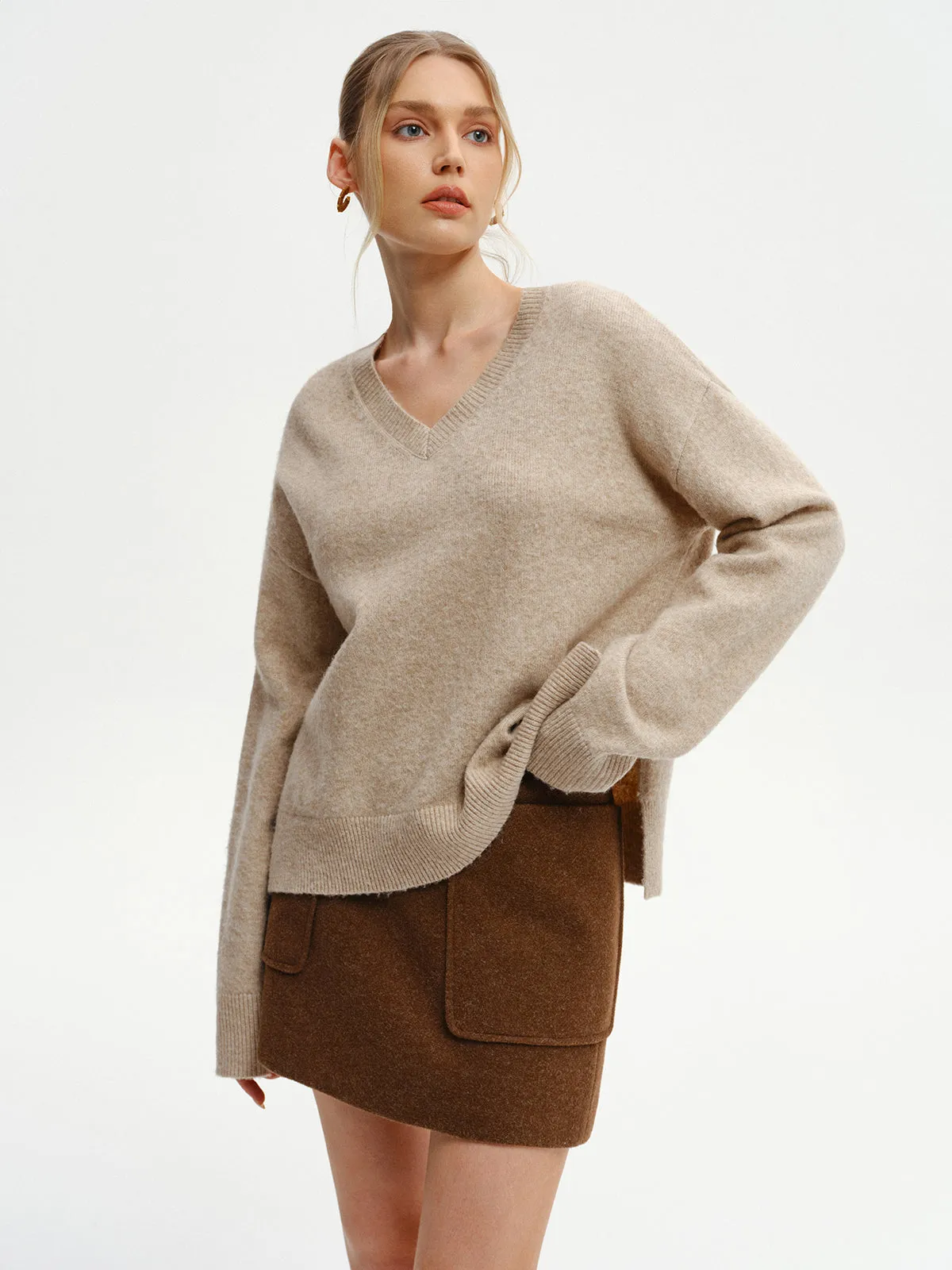 Wool-Blend V-Neck Sweater with Side Slit sold by COMMENSE