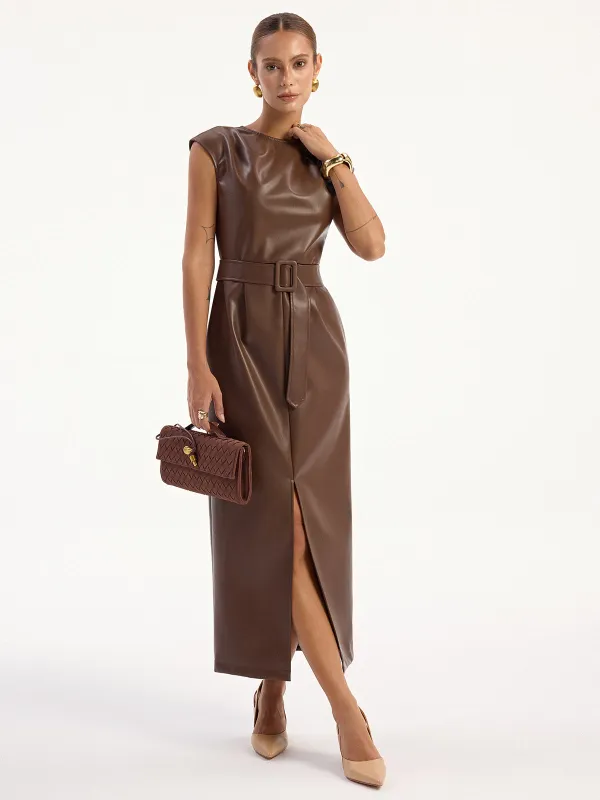 PU Leather Sleeveless Belted Midi Dress sold by COMMENSE