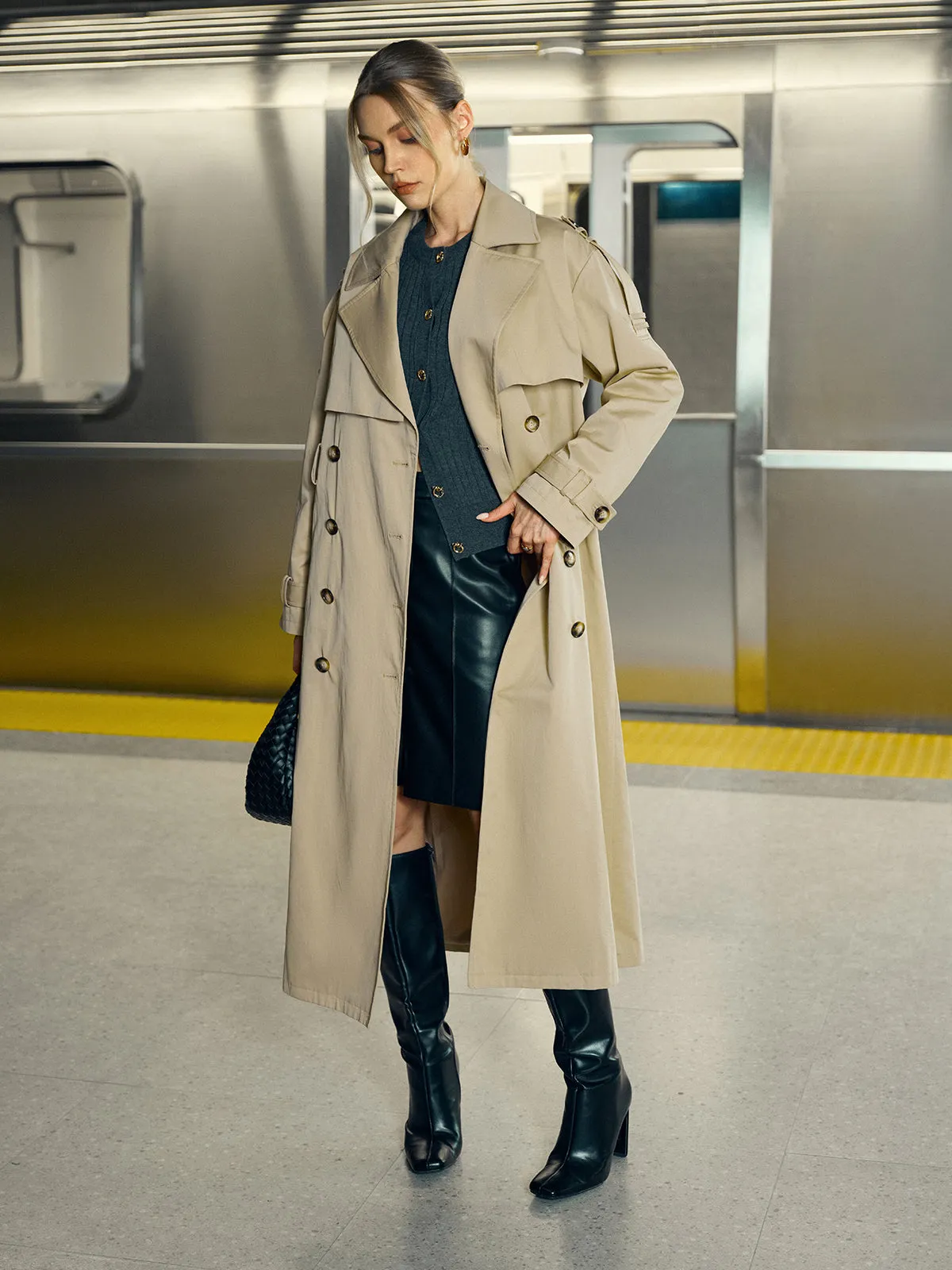 Cotton-Blend Double-Breasted Belted Long Trench Coat sold by COMMENSE product image thumbnail 2