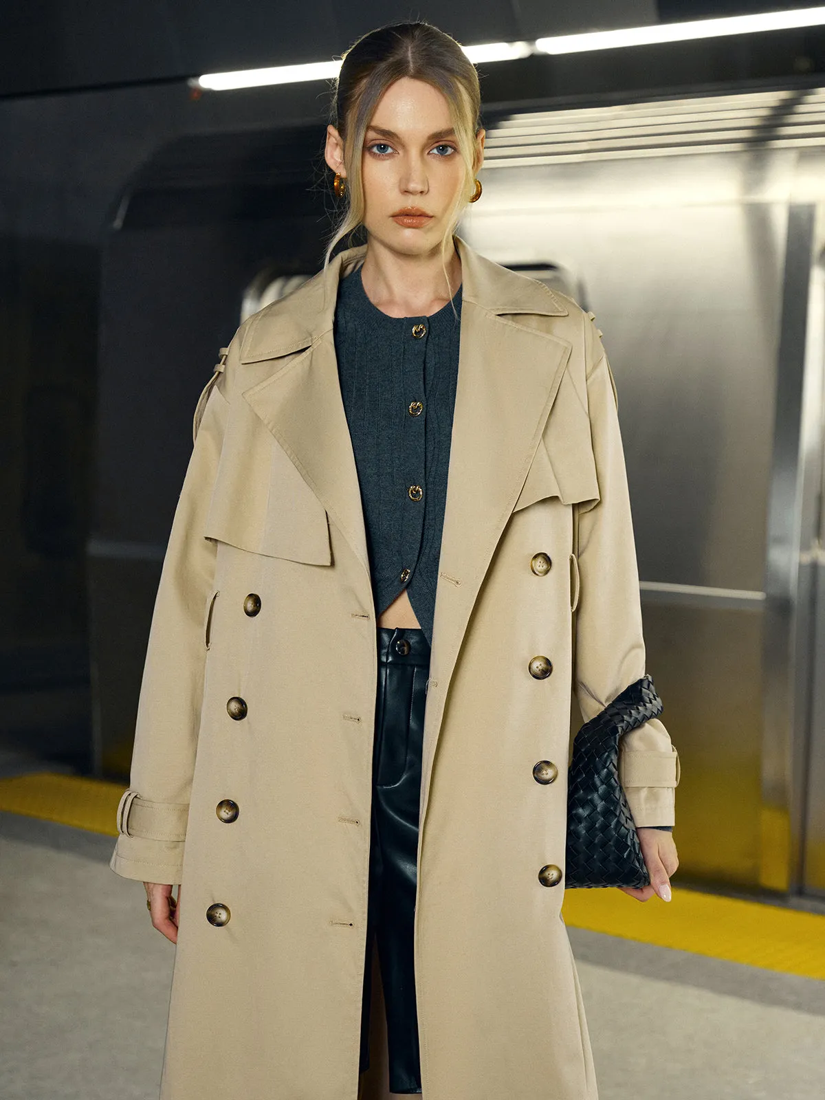 Cotton-Blend Double-Breasted Belted Long Trench Coat sold by COMMENSE product image thumbnail 3