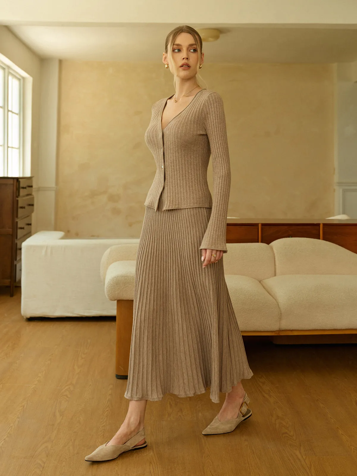 Textured Knit Cardigan and Midi Skirt Set sold by COMMENSE product image thumbnail 5