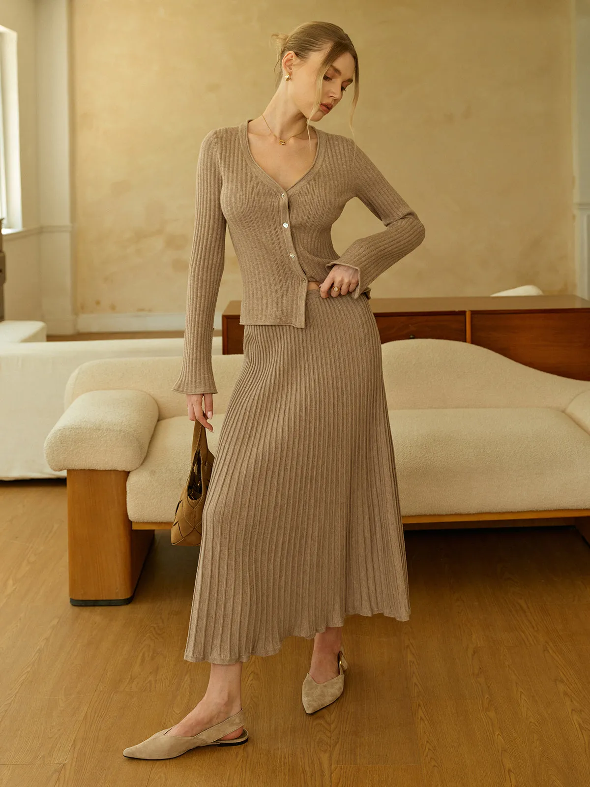 Textured Knit Cardigan and Midi Skirt Set sold by COMMENSE product image thumbnail 3
