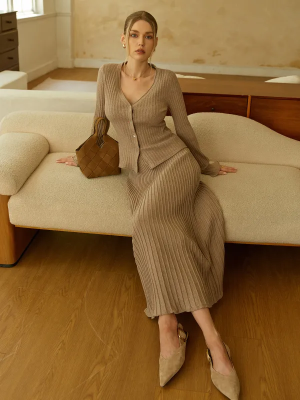 Textured Knit Cardigan and Midi Skirt Set sold by COMMENSE