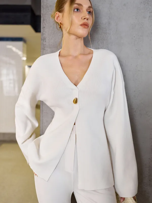 Wool-Blend V-Neck Single-Button Sweater sold by COMMENSE