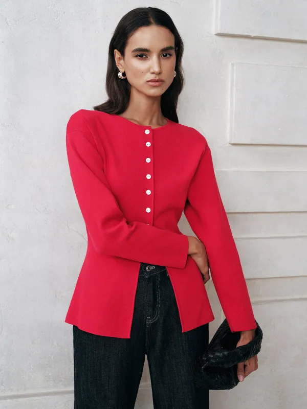 Button-Front Long Sleeve Knit Top sold by COMMENSE