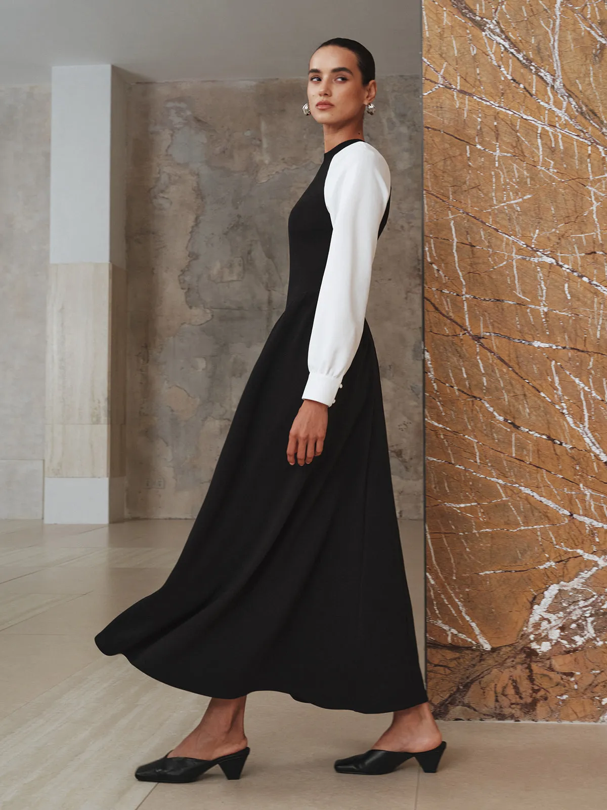 Contrast-Sleeve Pleated Midi Dress sold by COMMENSE product image thumbnail 4