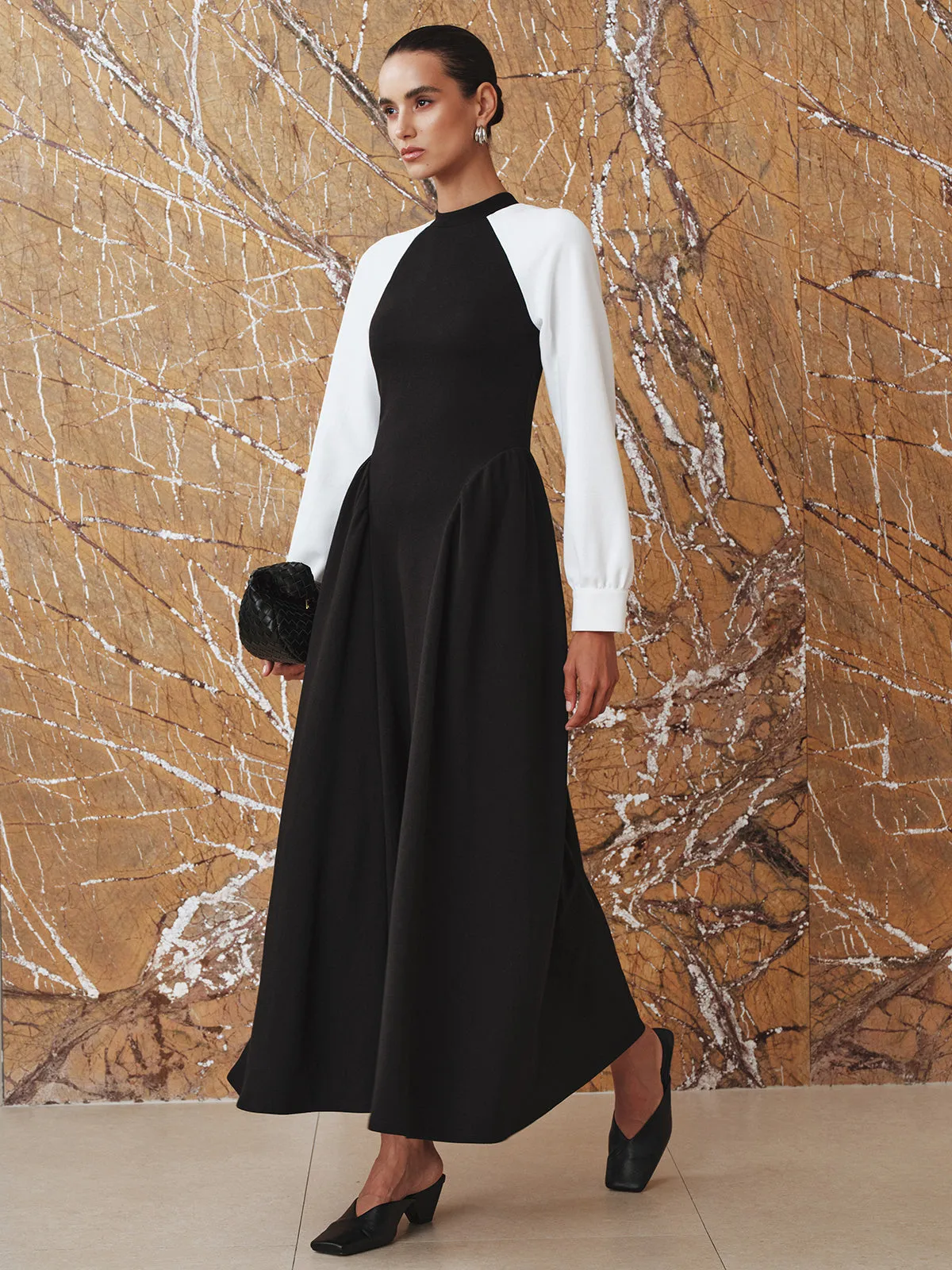 Contrast-Sleeve Pleated Midi Dress sold by COMMENSE