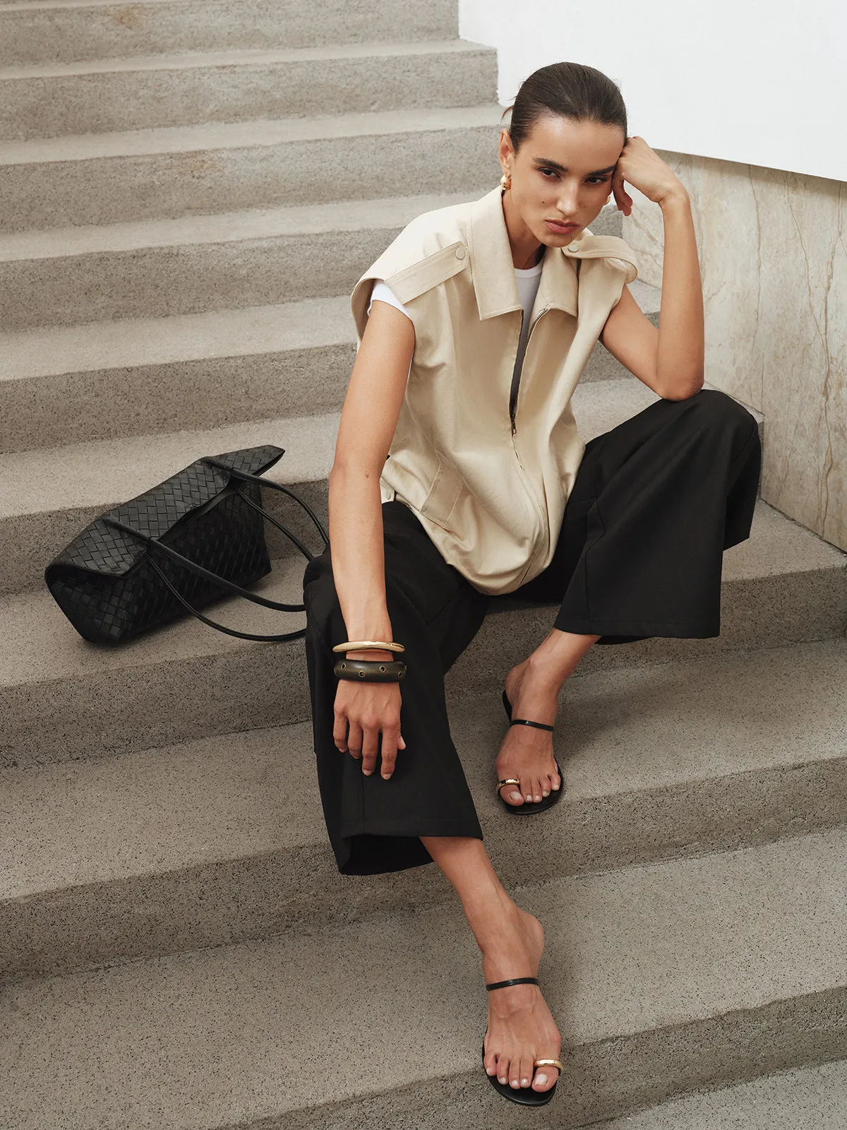 Collared Cap Sleeve Zip-Up Vest sold by COMMENSE product image thumbnail 4