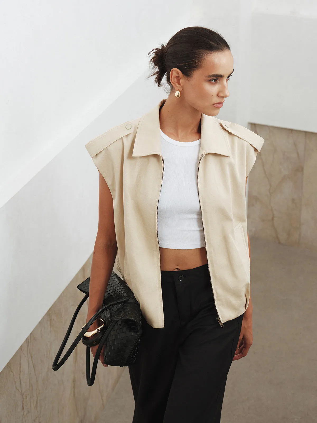 Collared Cap Sleeve Zip-Up Vest sold by COMMENSE product image thumbnail 5