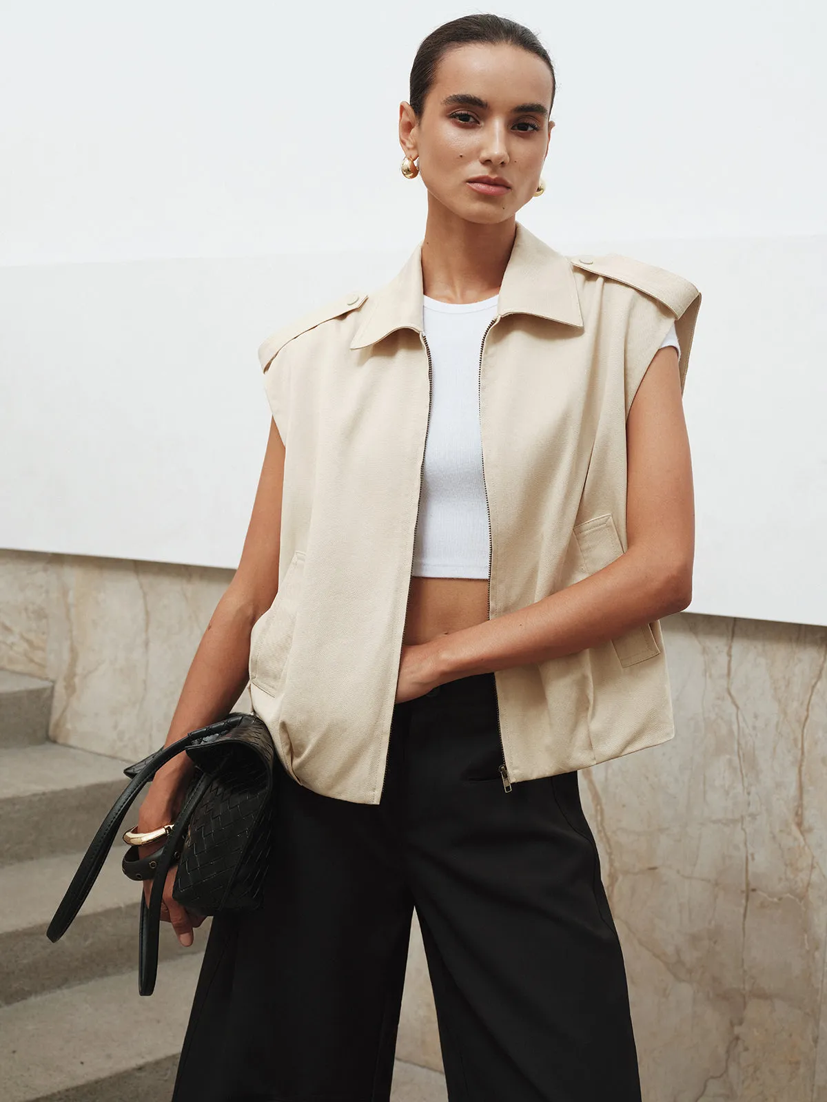 Collared Cap Sleeve Zip-Up Vest sold by COMMENSE product image thumbnail 2