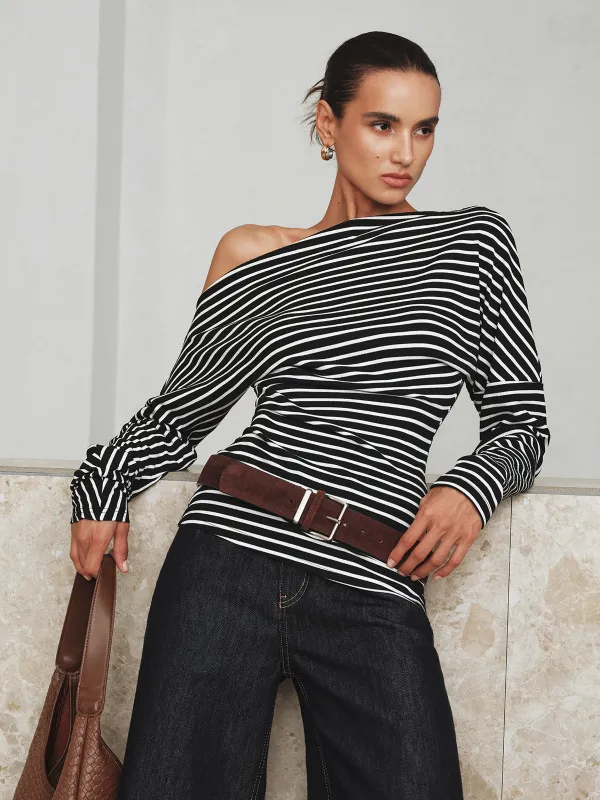 Striped Asymmetric One-Shoulder T-Shirt sold by COMMENSE