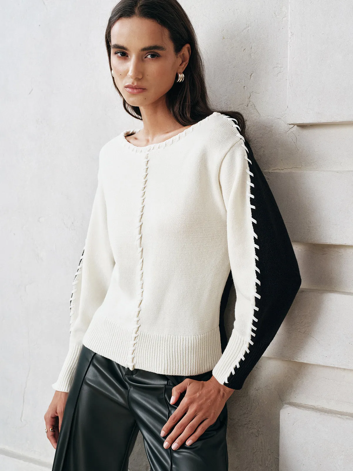 Contrast-Panel Stitch-Trim Knit Top sold by COMMENSE