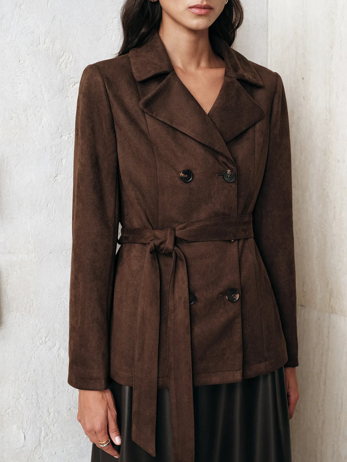 Belted Double-Breasted Suede Effect Jacket sold by COMMENSE product image thumbnail 4