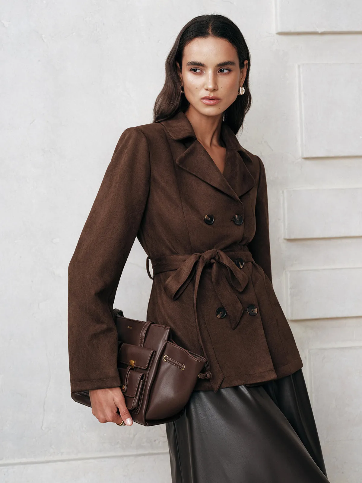 Belted Double-Breasted Suede Effect Jacket sold by COMMENSE