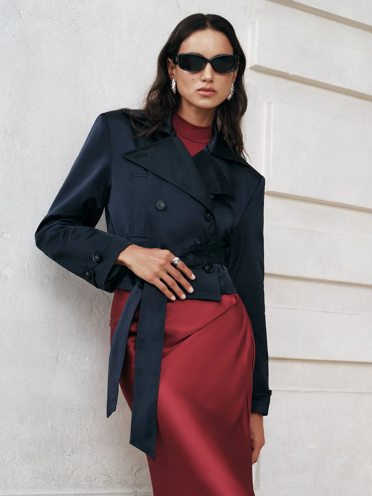 Belted Double-Breasted Cropped Trench Coat sold by COMMENSE