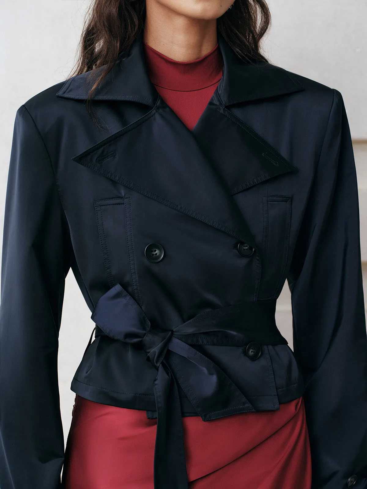 Belted Double-Breasted Cropped Trench Coat sold by COMMENSE product image thumbnail 5