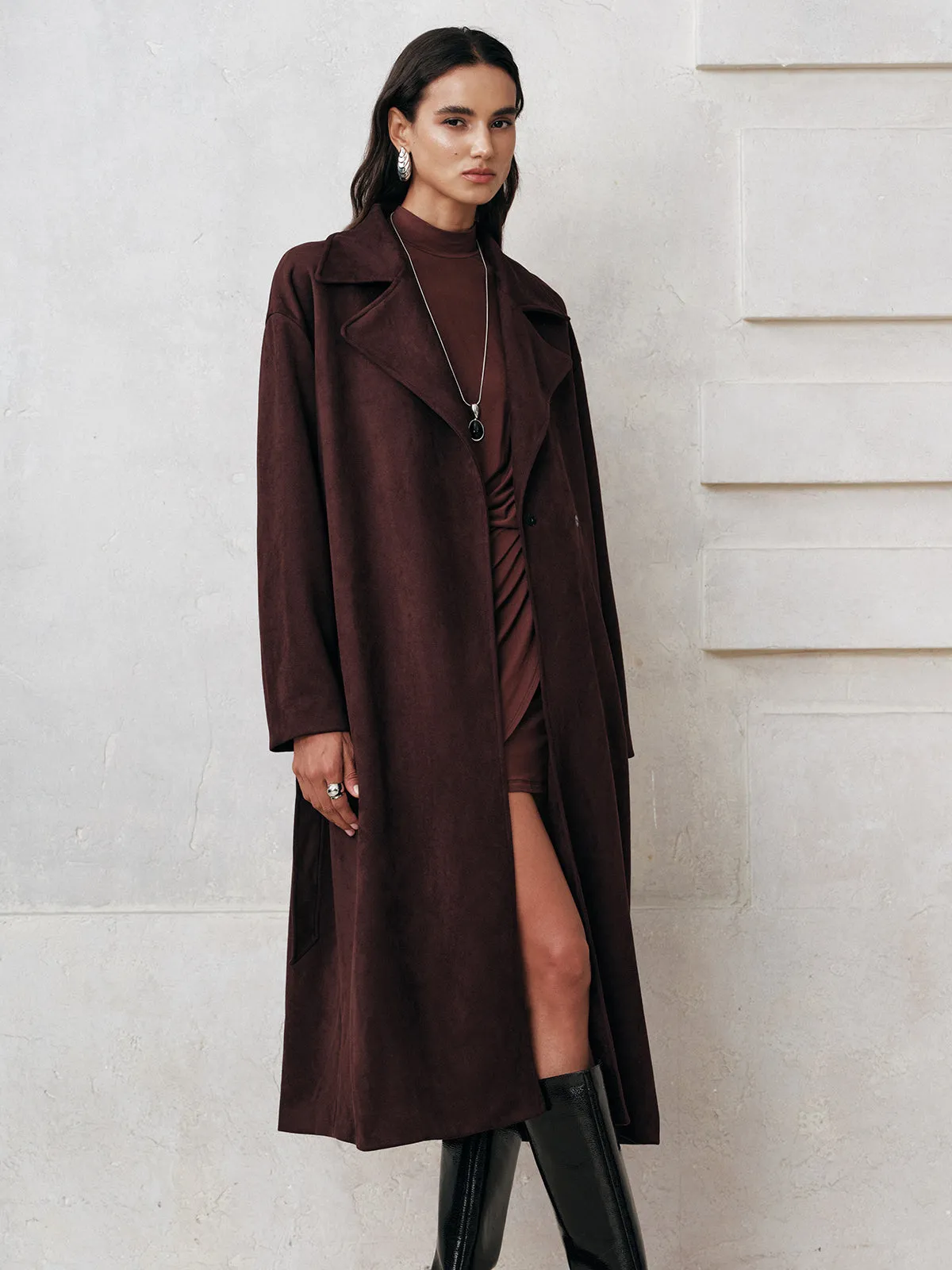 Suede Effect Belted Long Trench Coat sold by COMMENSE product image thumbnail 2