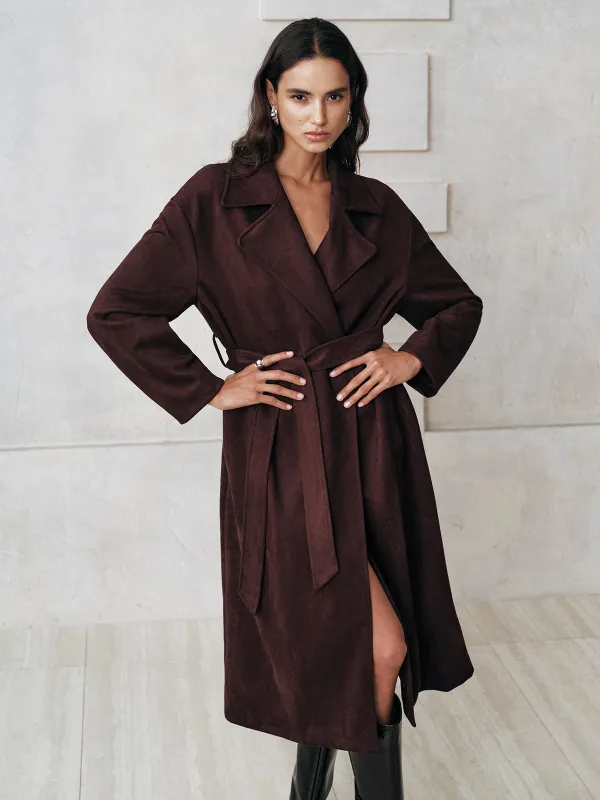 Suede Effect Belted Long Trench Coat made by COMMENSE