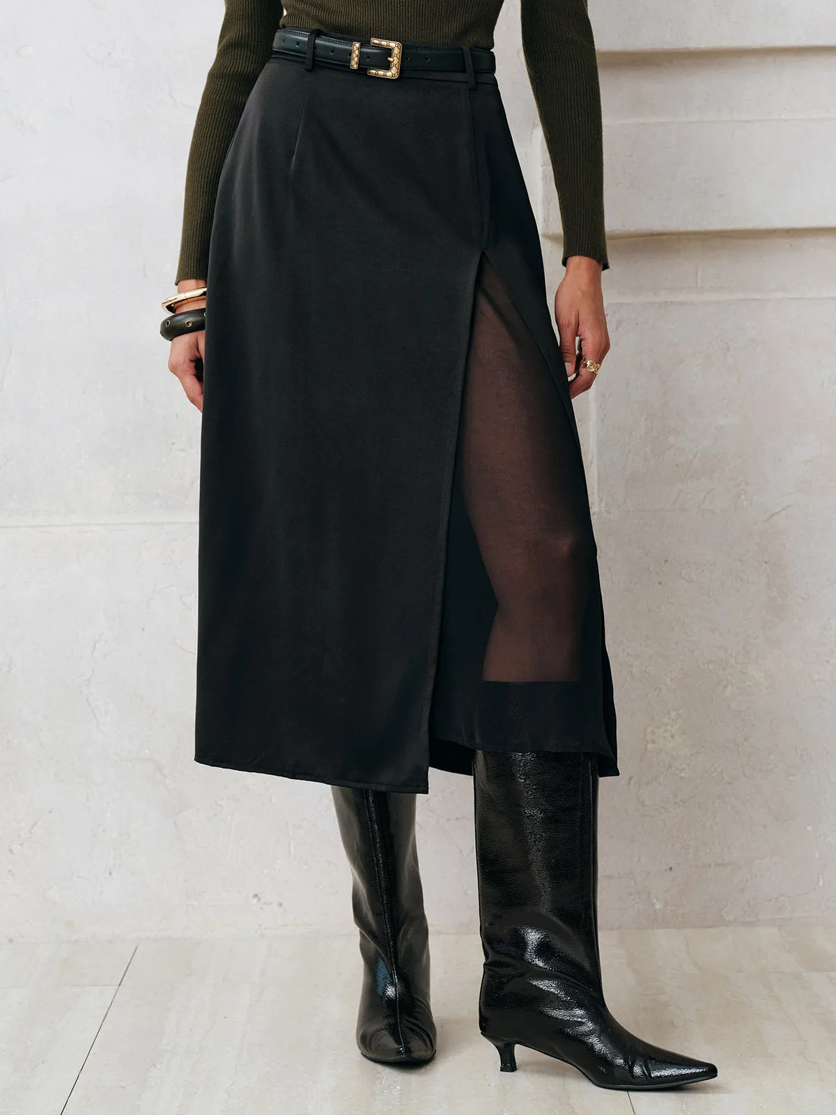 Sheer Slit Midi Skirt without Belt sold by COMMENSE