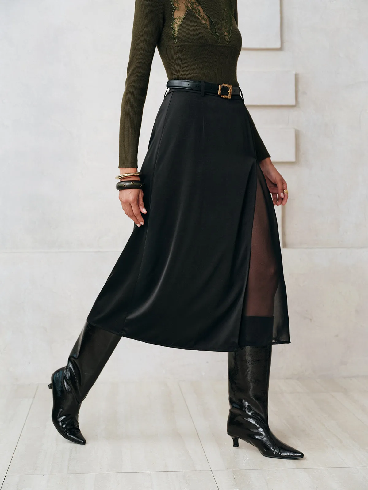 Sheer Slit Midi Skirt without Belt sold by COMMENSE product image thumbnail 3