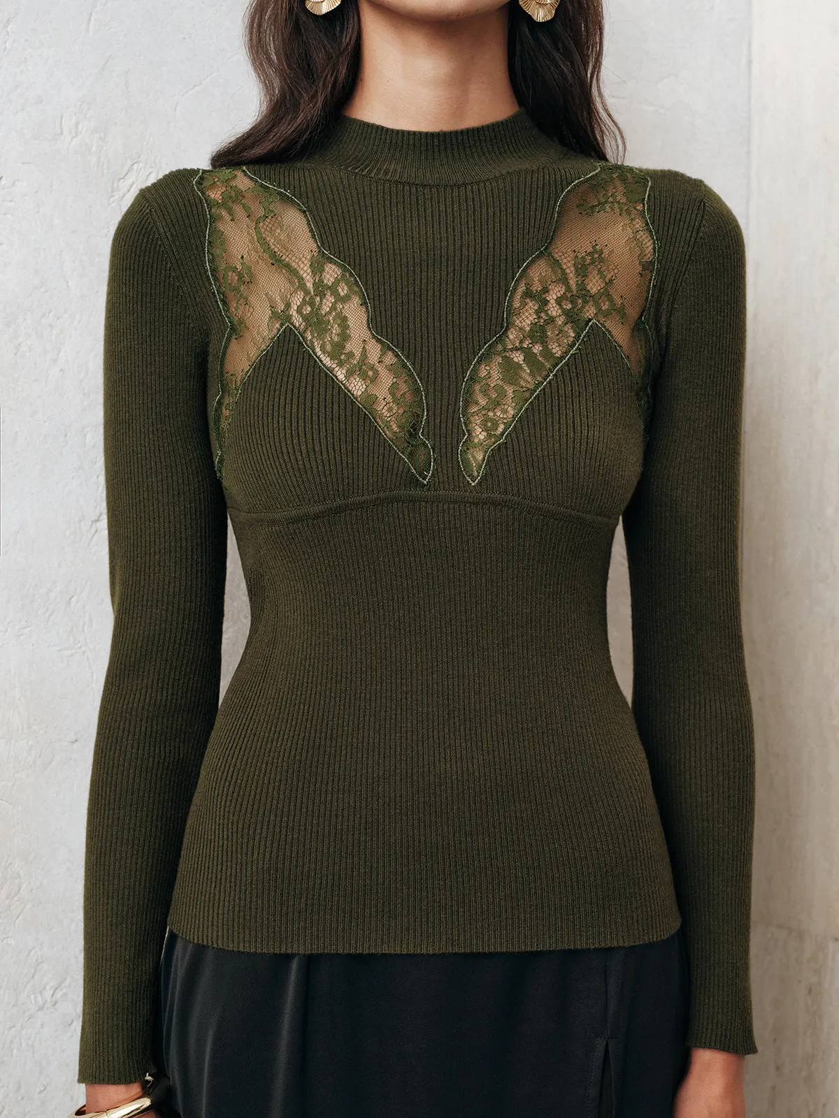 Sheer Lace Panel Mock Neck Sweater sold by COMMENSE product image thumbnail 5