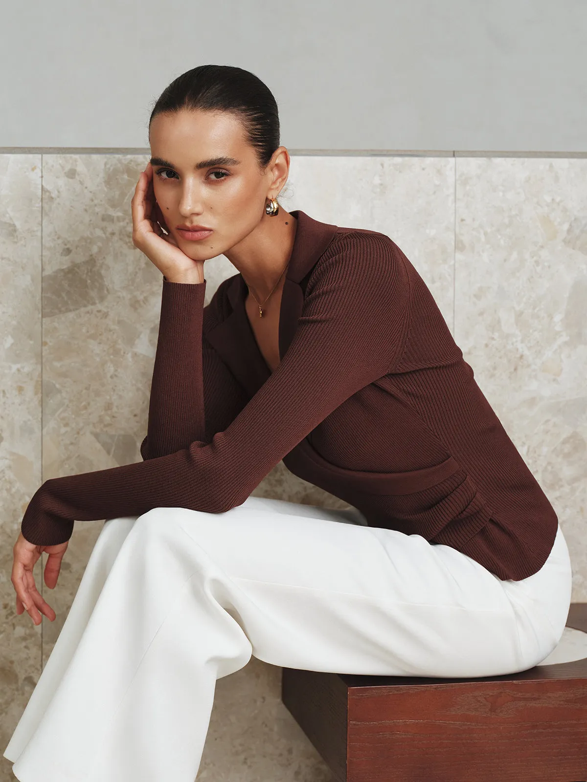 Ribbed Knit Collared Top sold by COMMENSE product image thumbnail 5