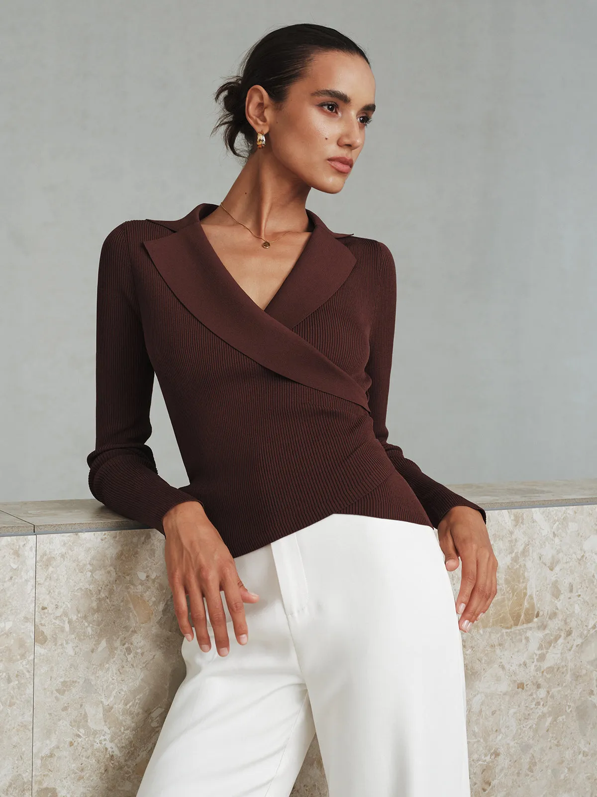 Ribbed Knit Collared Top sold by COMMENSE