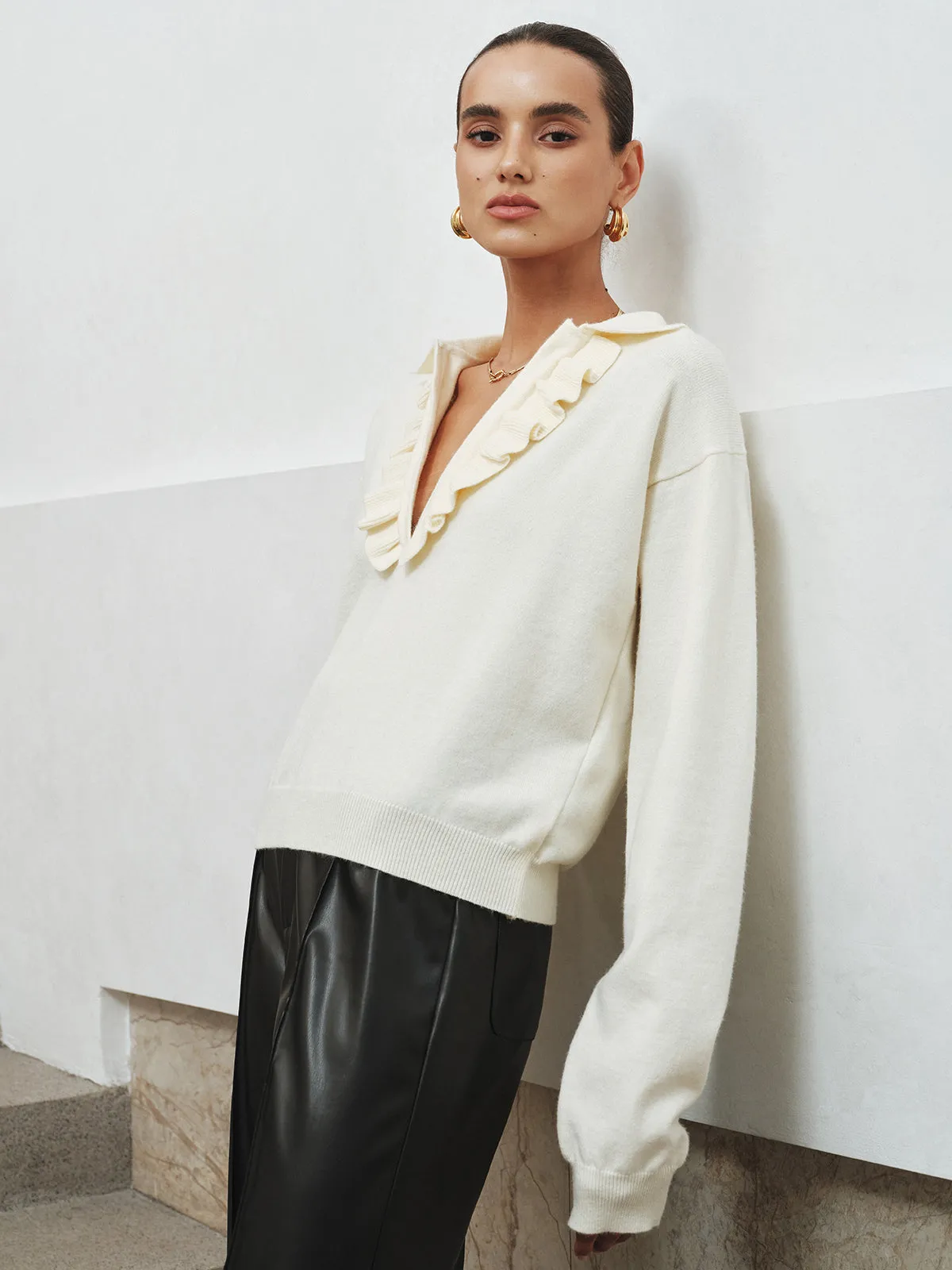 Ruffled Collared V-Neck Knit Top sold by COMMENSE product image thumbnail 3