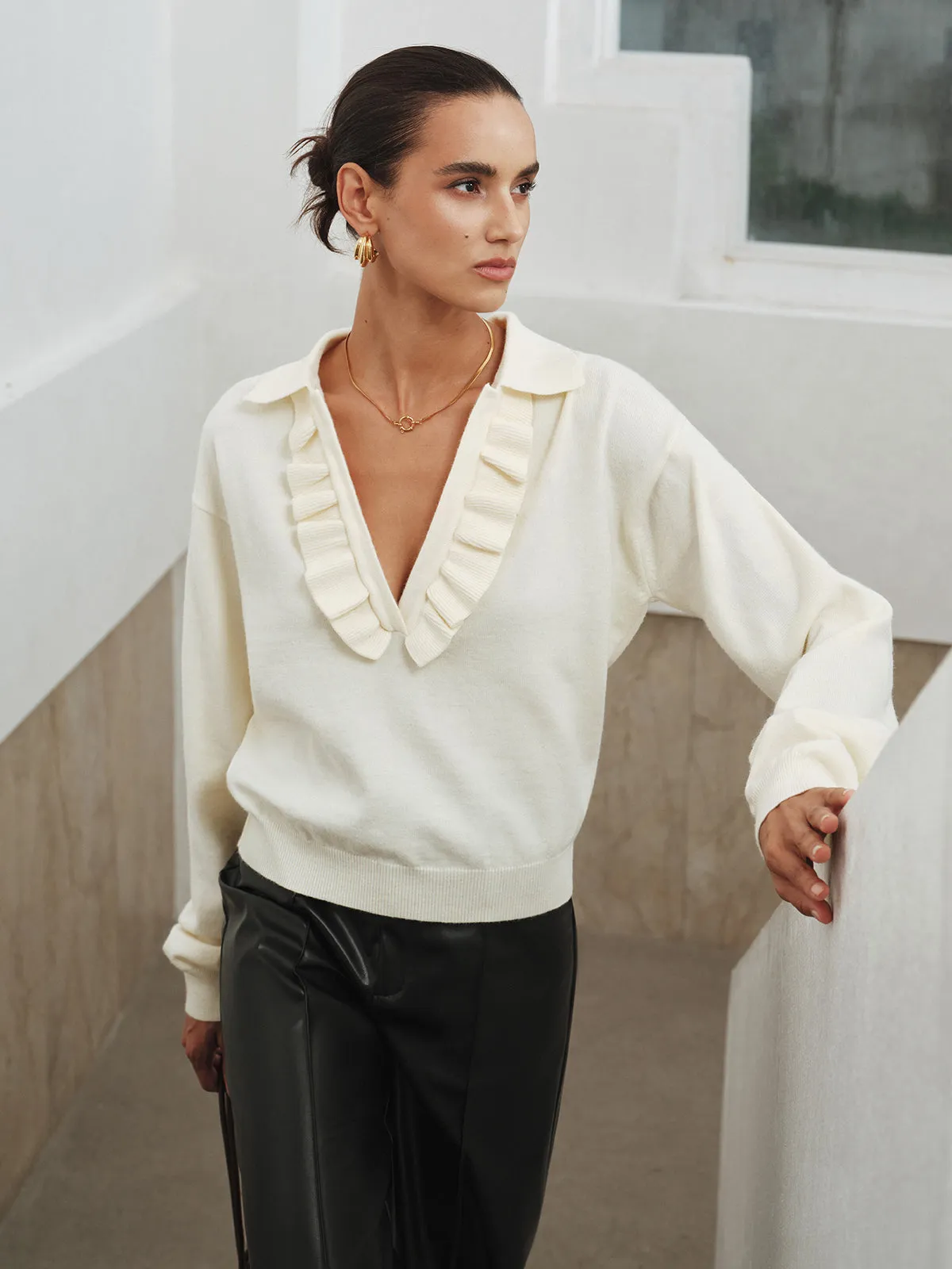 Ruffled Collared V-Neck Knit Top sold by COMMENSE product image thumbnail 5