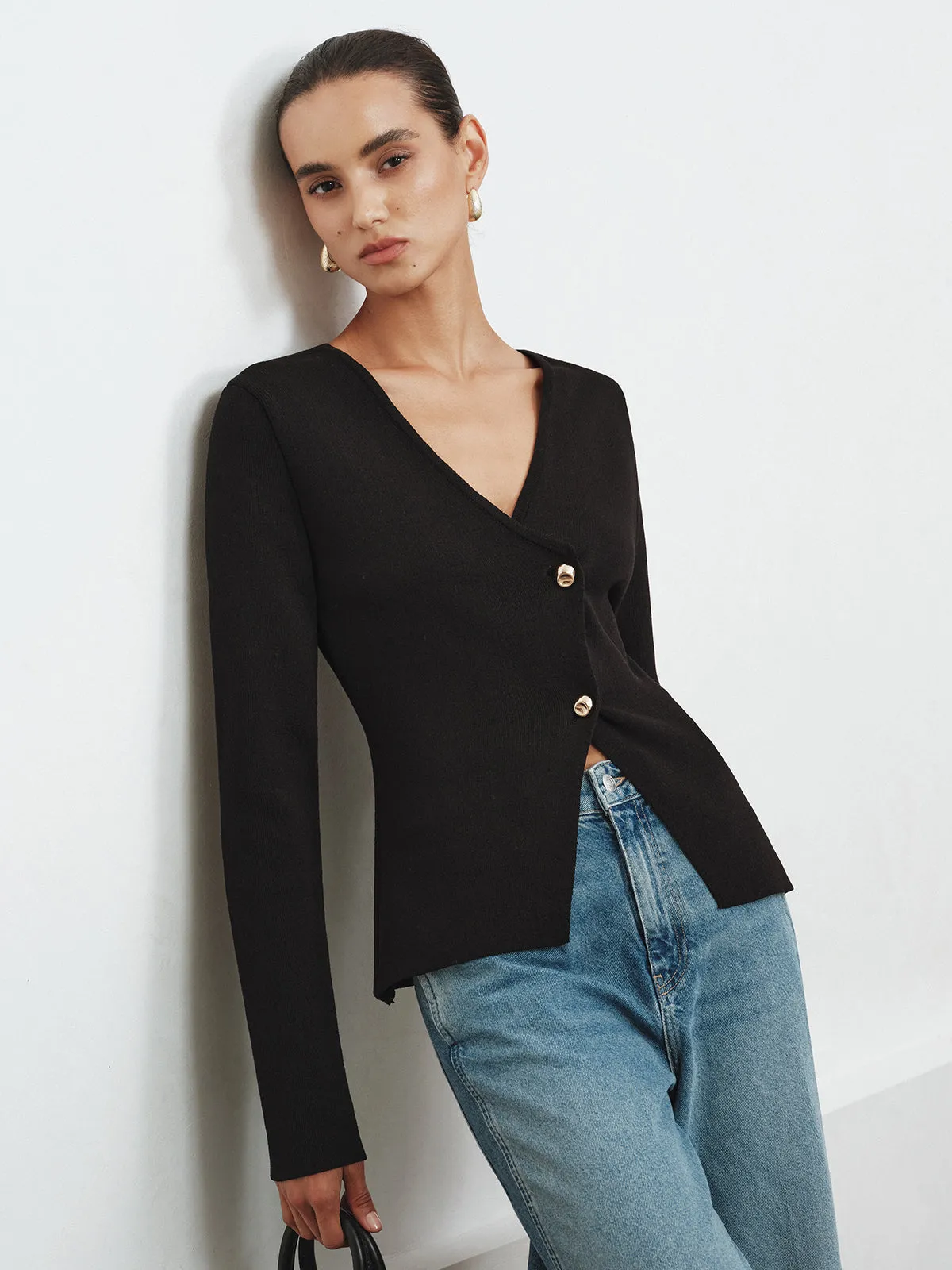 Asymmetric Buttoned Knit Cardigan sold by COMMENSE product image thumbnail 3