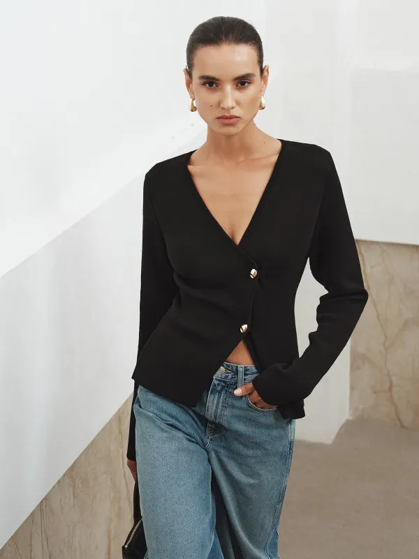 Asymmetric Buttoned Knit Cardigan sold by COMMENSE