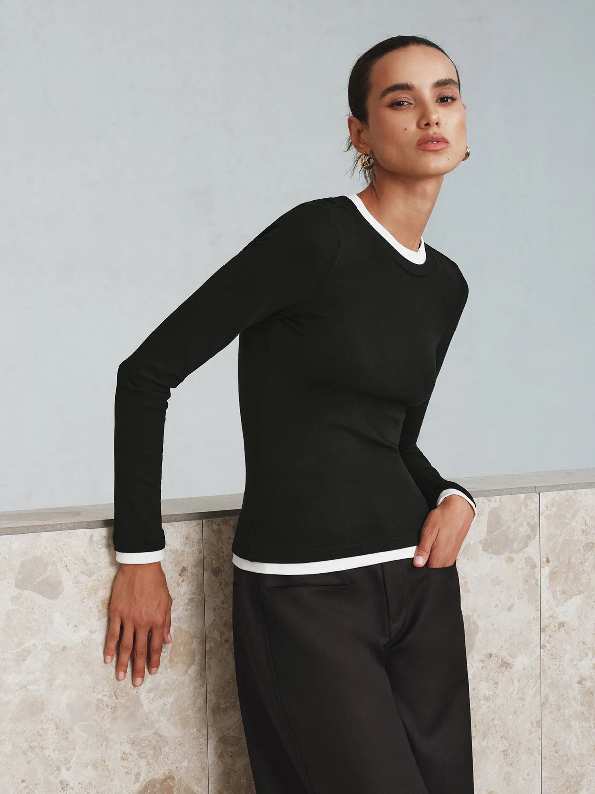Contrast Trim Long Sleeve T-Shirt sold by COMMENSE product image thumbnail 4