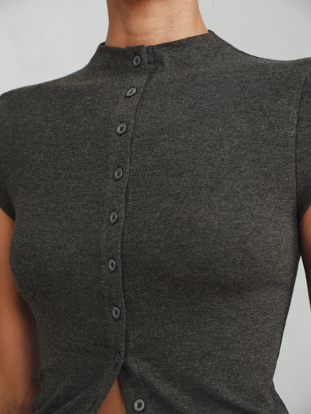 Mock Neck Cap-Sleeve Button T-Shirt sold by COMMENSE product image thumbnail 5