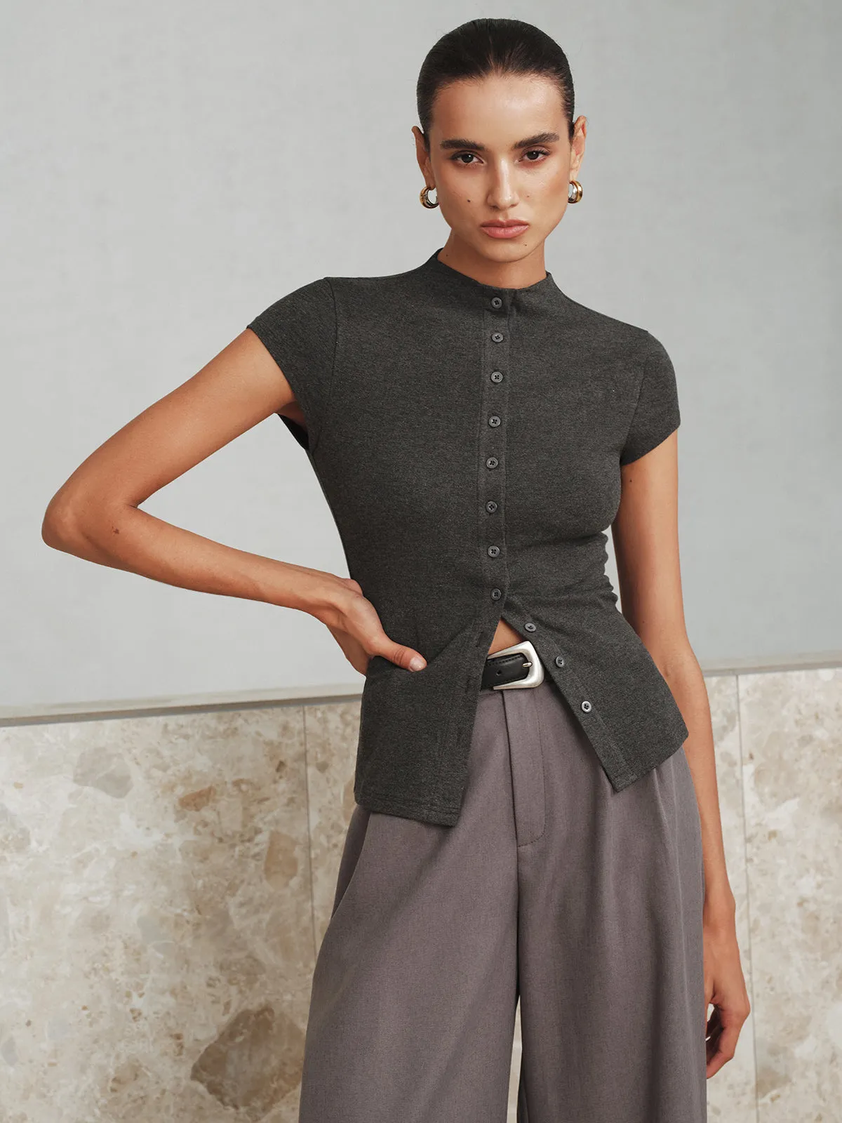 Mock Neck Cap-Sleeve Button T-Shirt sold by COMMENSE product image thumbnail 2