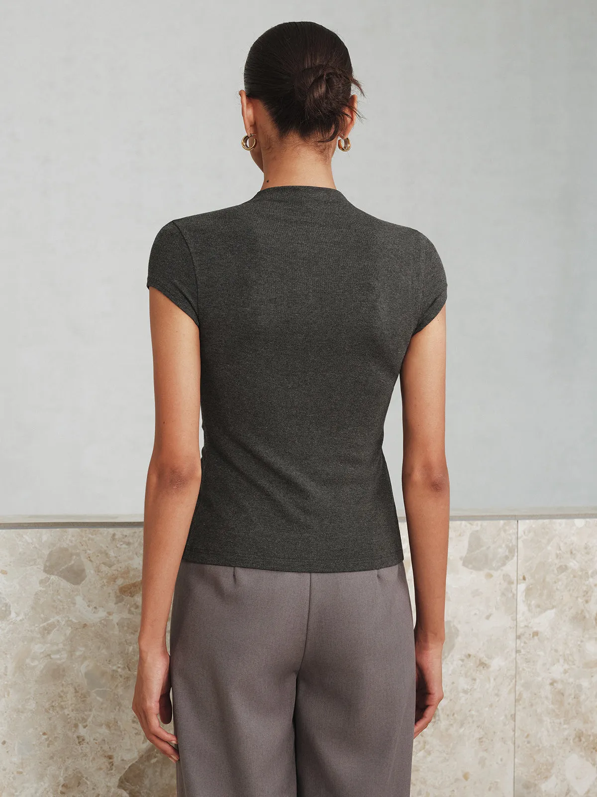 Mock Neck Cap-Sleeve Button T-Shirt sold by COMMENSE product image thumbnail 4