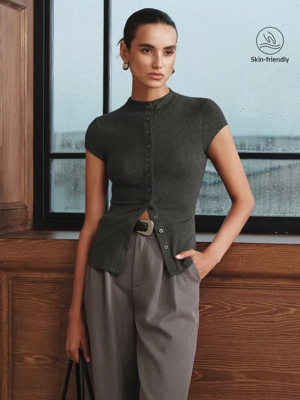 Mock Neck Cap-Sleeve Button T-Shirt sold by COMMENSE
