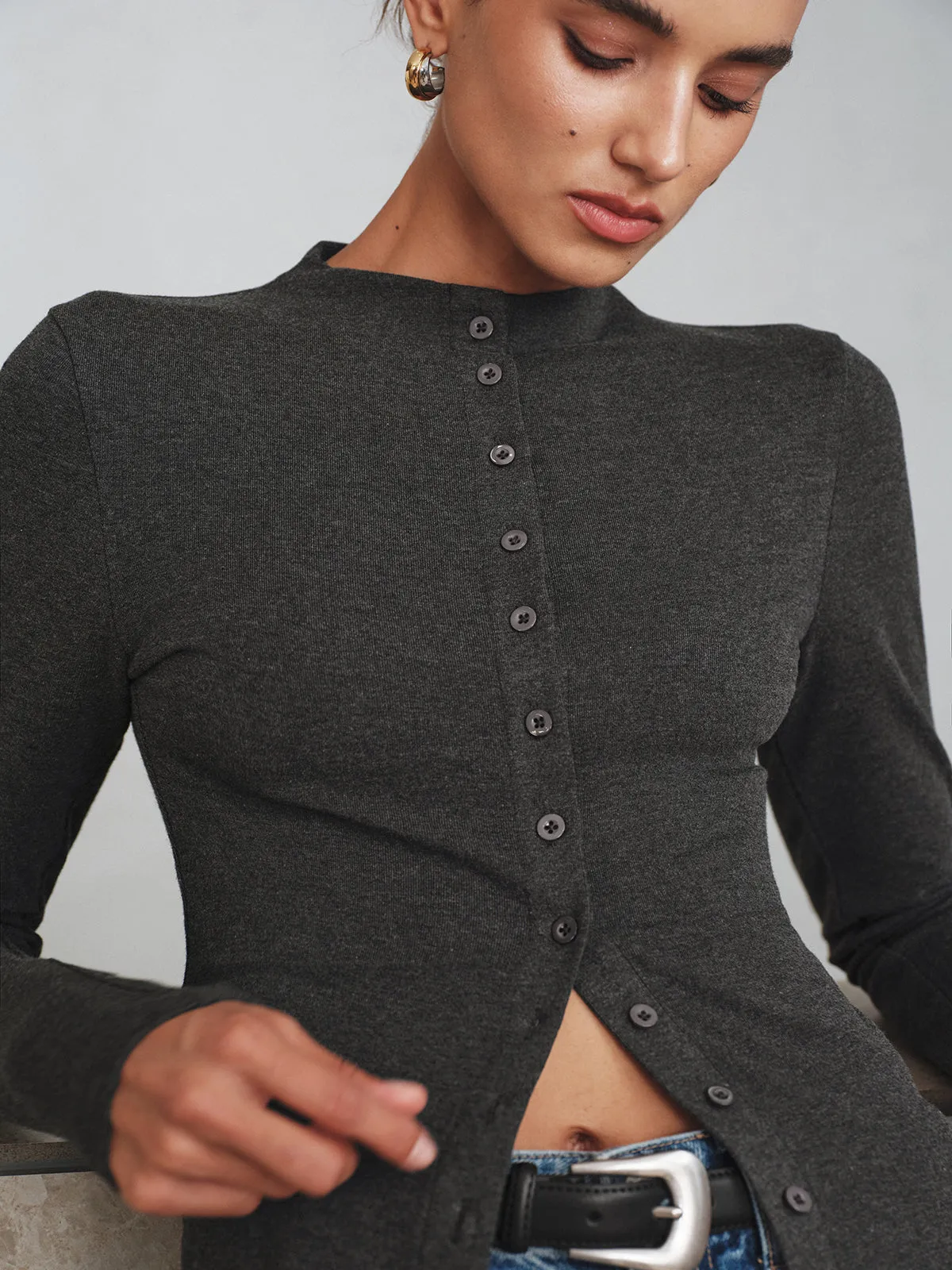 Mock Neck Button Long Sleeve T-Shirt sold by COMMENSE product image thumbnail 4