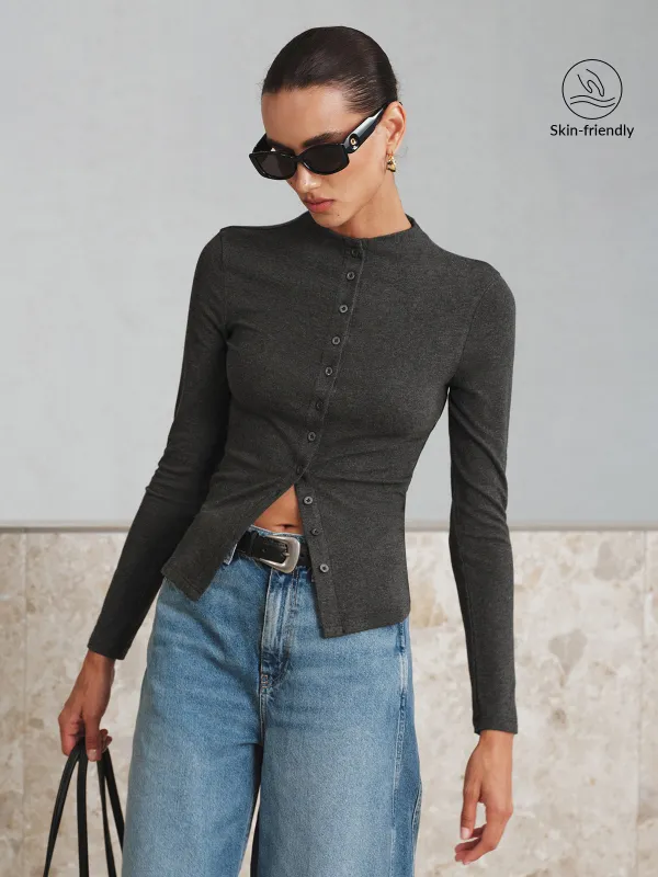 Mock Neck Button Long Sleeve T-Shirt sold by COMMENSE
