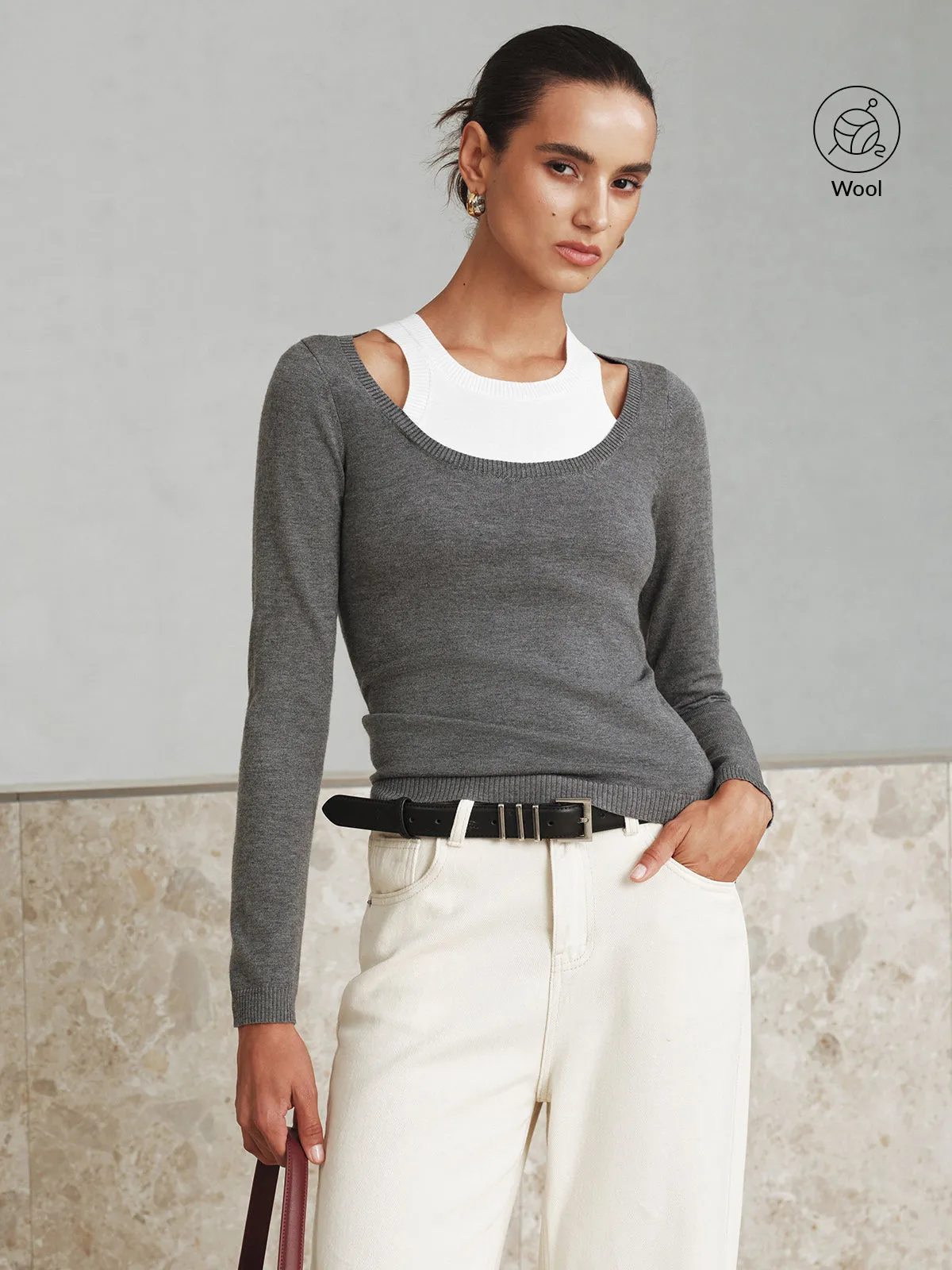 2 in 1 Wool-Blend Layered Cut-Out Knit Top sold by COMMENSE