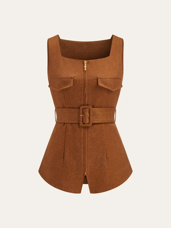 Square Neck Zip Front Belted Vest sold by COMMENSE