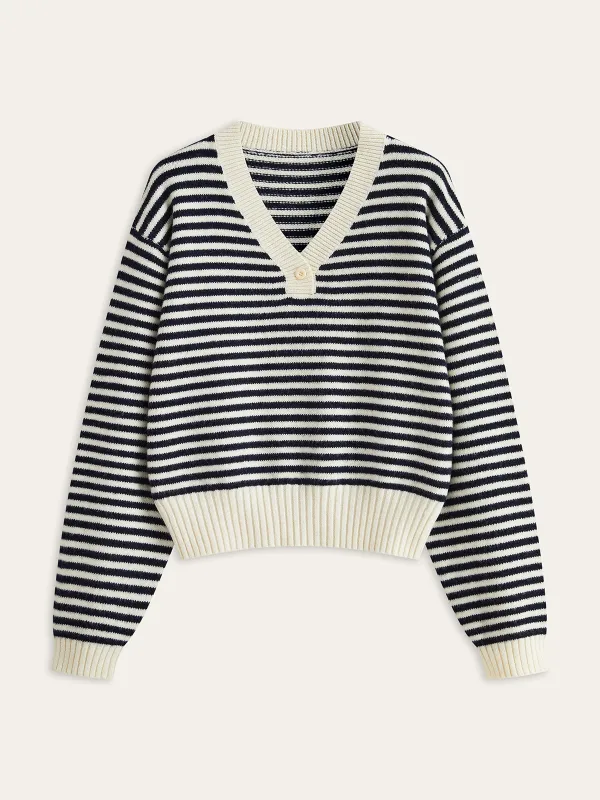 Striped V-Neck Buttoned Wool Blend Sweater sold by COMMENSE