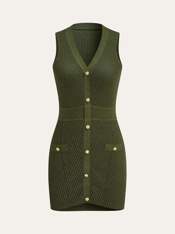 Sleeveless Textured Buttoned Fitted Sweater Dress sold by COMMENSE