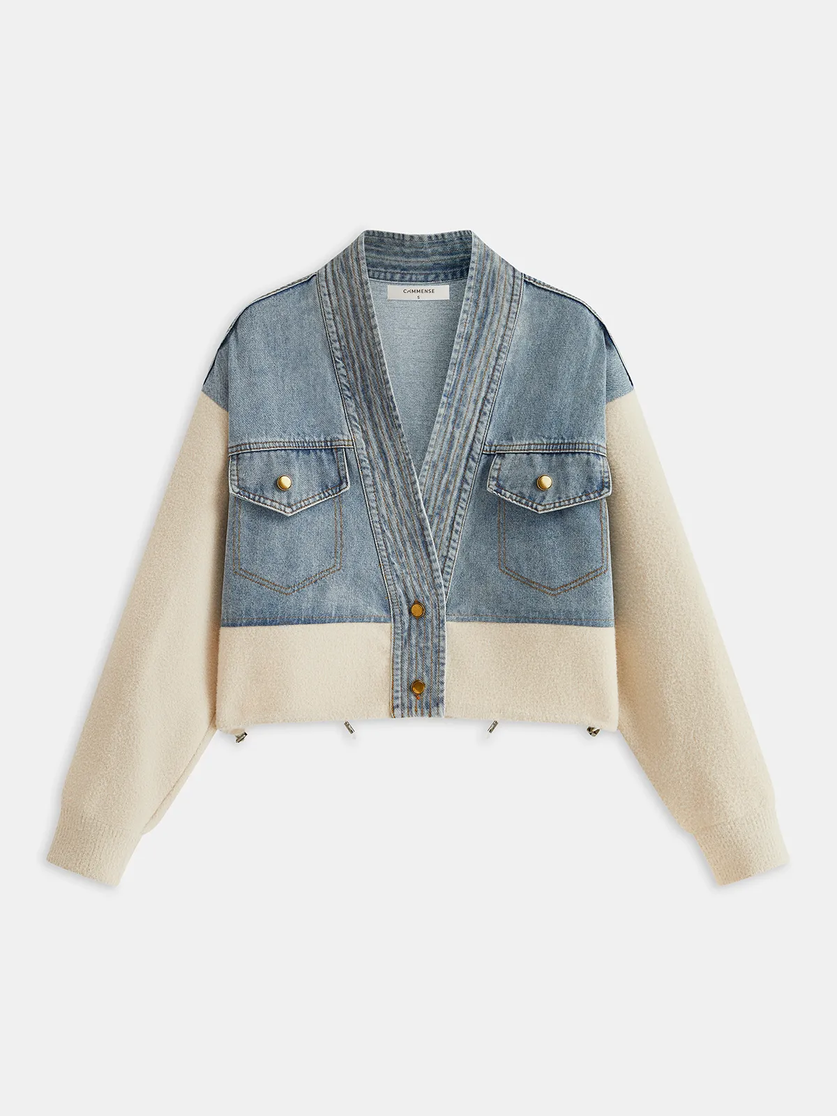 V-Neck Paneled Denim Cardigan sold by COMMENSE