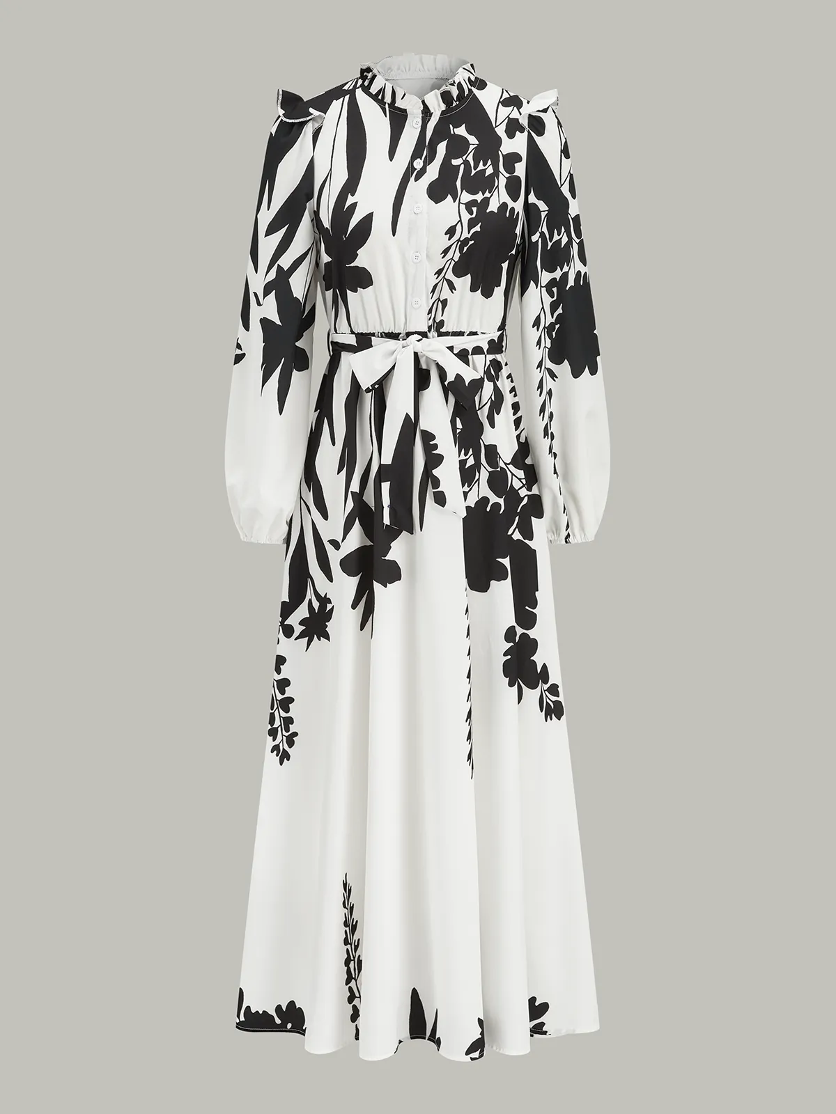 Ruffle Neck Belted Floral Print Maxi Dress sold by COMMENSE